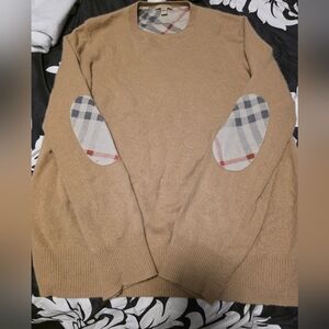 Burberry Camel Crewneck Sweater with Check Elbow Patches